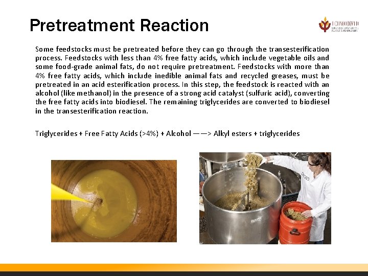 Pretreatment Reaction Some feedstocks must be pretreated before they can go through the transesterification