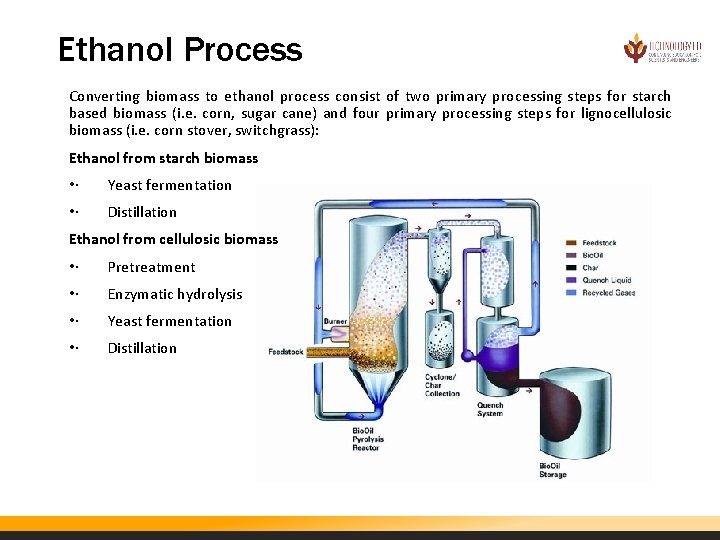 Ethanol Process Converting biomass to ethanol process consist of two primary processing steps for