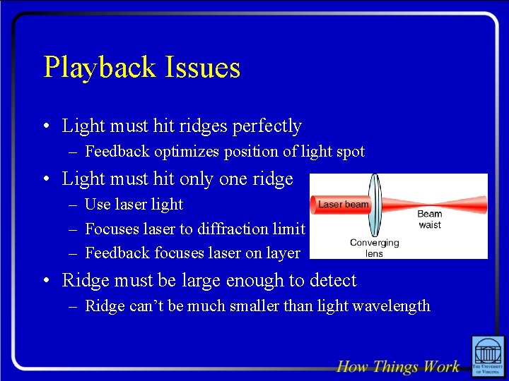 Playback Issues • Light must hit ridges perfectly – Feedback optimizes position of light