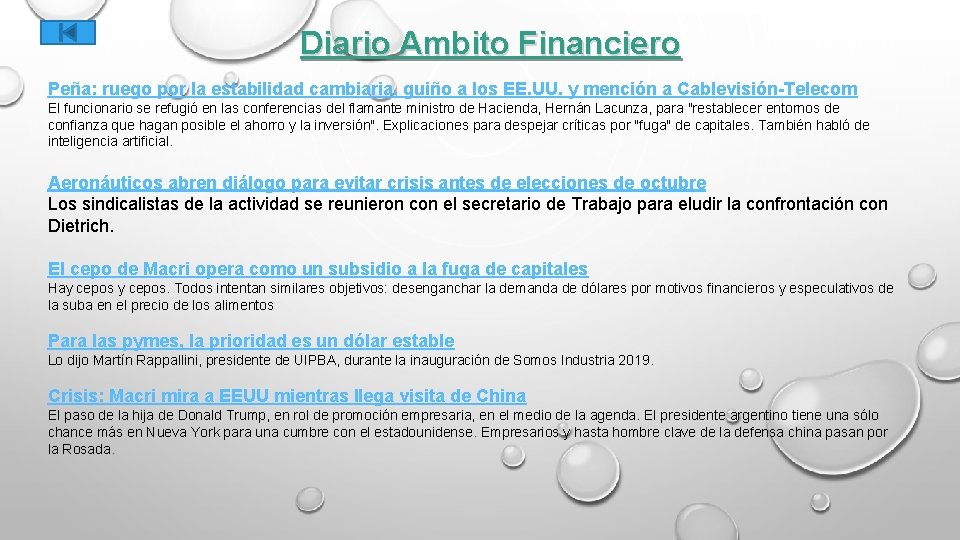 Diario Ambito Financiero Peña: ruego por la estabilidad cambiaria, guiño a los EE. UU.