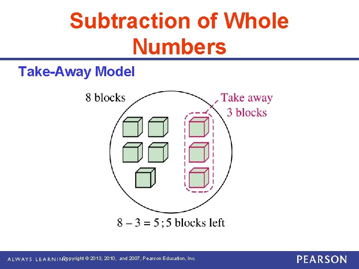 Subtraction of Whole Numbers Take-Away Model Copyright © 2013, 2010, and 2007, Pearson Education,