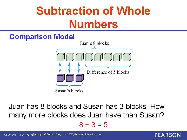 Subtraction of Whole Numbers Comparison Model Juan has 8 blocks and Susan has 3