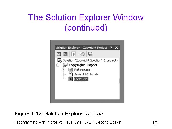 The Solution Explorer Window (continued) Figure 1 -12: Solution Explorer window Programming with Microsoft