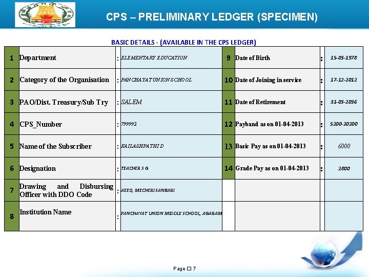 LOGO CPS – PRELIMINARY LEDGER (SPECIMEN) BASIC DETAILS - (AVAILABLE IN THE CPS LEDGER)