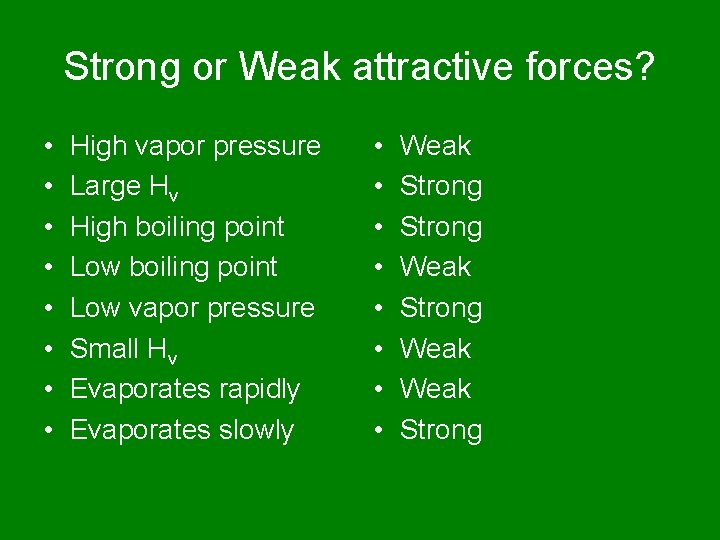 Strong or Weak attractive forces? • • High vapor pressure Large Hv High boiling