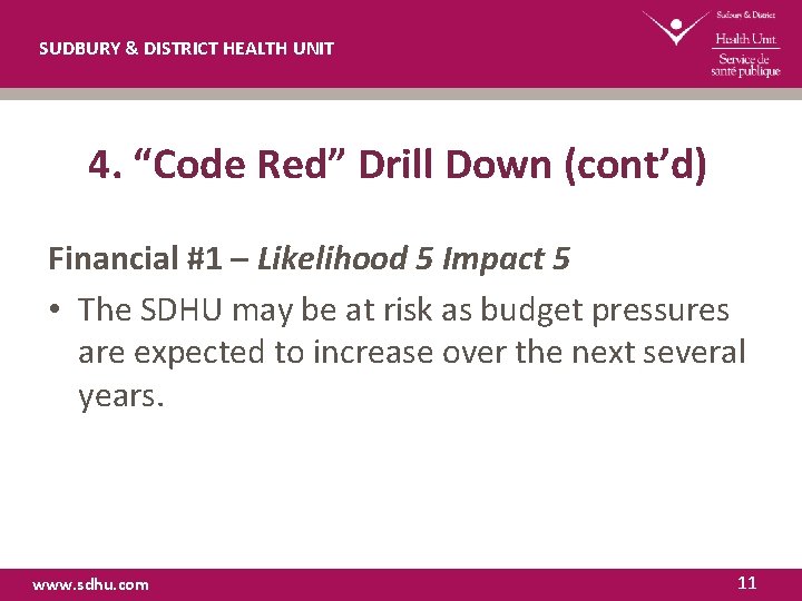SUDBURY & DISTRICT HEALTH UNIT 4. “Code Red” Drill Down (cont’d) Financial #1 –