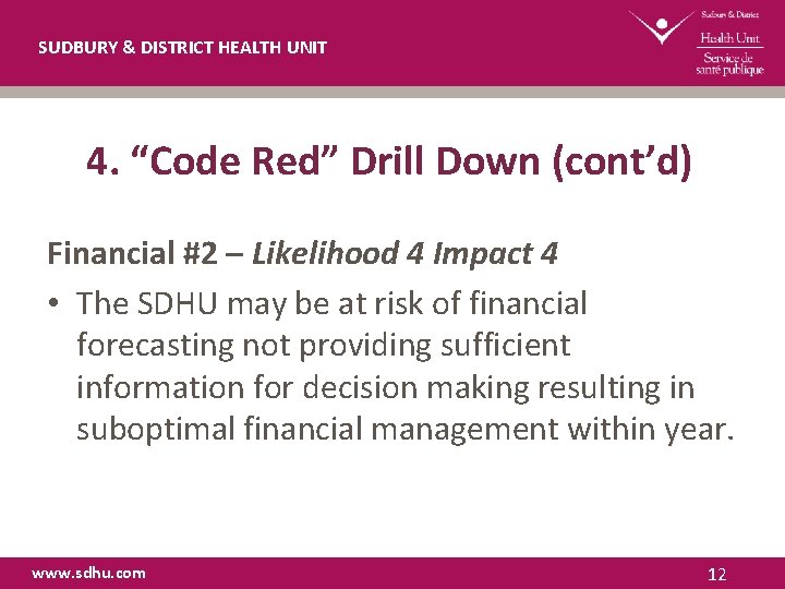 SUDBURY & DISTRICT HEALTH UNIT 4. “Code Red” Drill Down (cont’d) Financial #2 –