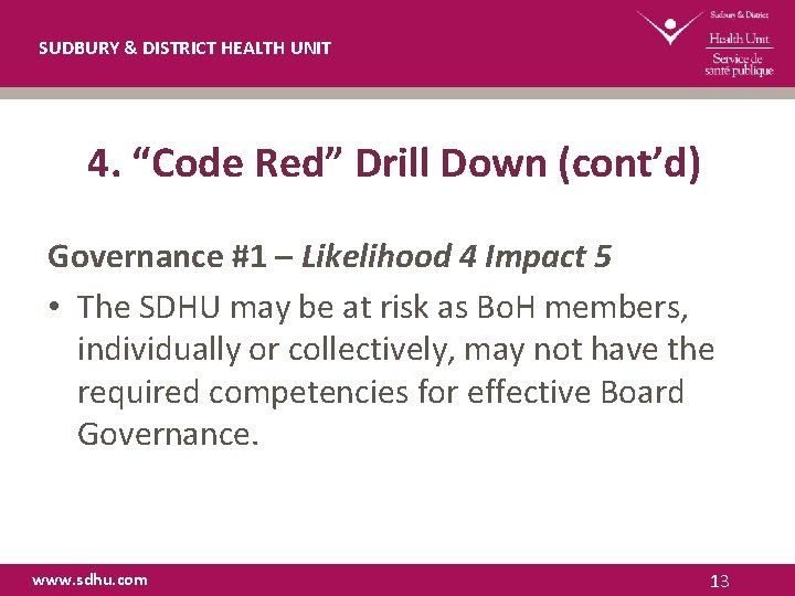 SUDBURY & DISTRICT HEALTH UNIT 4. “Code Red” Drill Down (cont’d) Governance #1 –