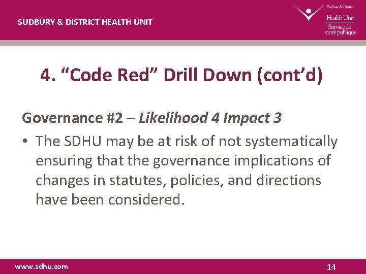 SUDBURY & DISTRICT HEALTH UNIT 4. “Code Red” Drill Down (cont’d) Governance #2 –