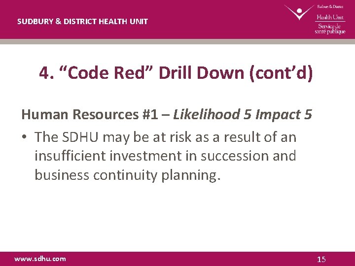 SUDBURY & DISTRICT HEALTH UNIT 4. “Code Red” Drill Down (cont’d) Human Resources #1