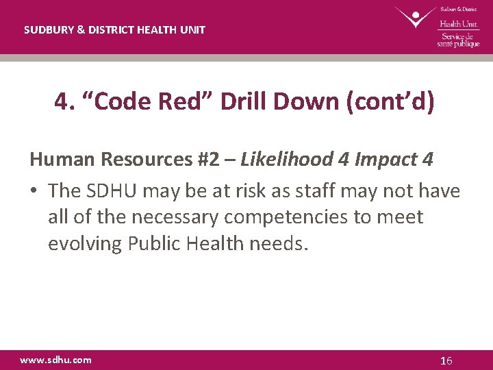 SUDBURY & DISTRICT HEALTH UNIT 4. “Code Red” Drill Down (cont’d) Human Resources #2