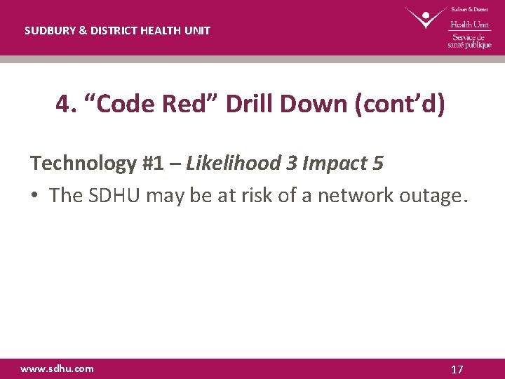 SUDBURY & DISTRICT HEALTH UNIT 4. “Code Red” Drill Down (cont’d) Technology #1 –
