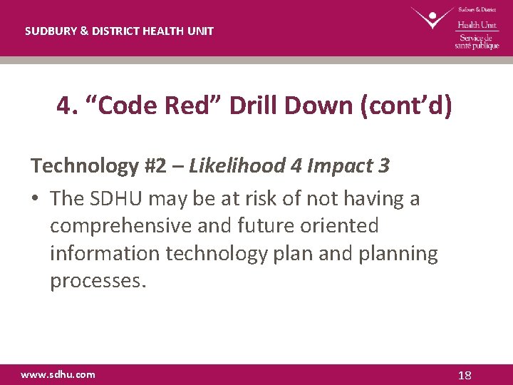SUDBURY & DISTRICT HEALTH UNIT 4. “Code Red” Drill Down (cont’d) Technology #2 –