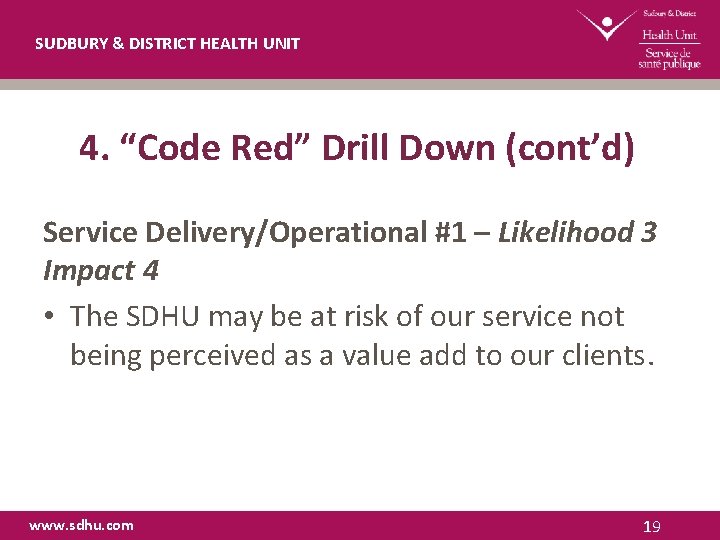 SUDBURY & DISTRICT HEALTH UNIT 4. “Code Red” Drill Down (cont’d) Service Delivery/Operational #1