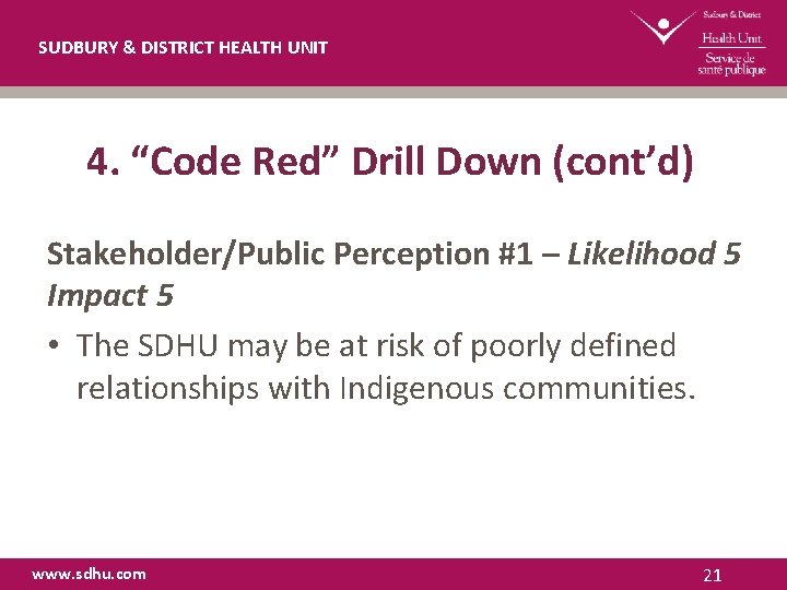 SUDBURY & DISTRICT HEALTH UNIT 4. “Code Red” Drill Down (cont’d) Stakeholder/Public Perception #1