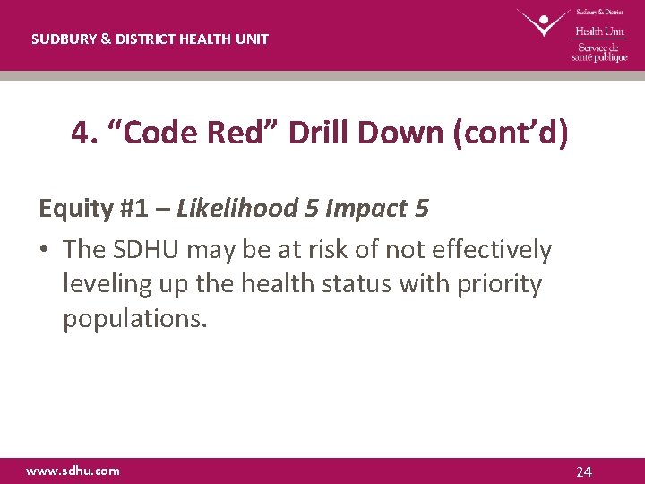 SUDBURY & DISTRICT HEALTH UNIT 4. “Code Red” Drill Down (cont’d) Equity #1 –