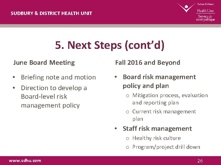 SUDBURY & DISTRICT HEALTH UNIT 5. Next Steps (cont’d) June Board Meeting Fall 2016