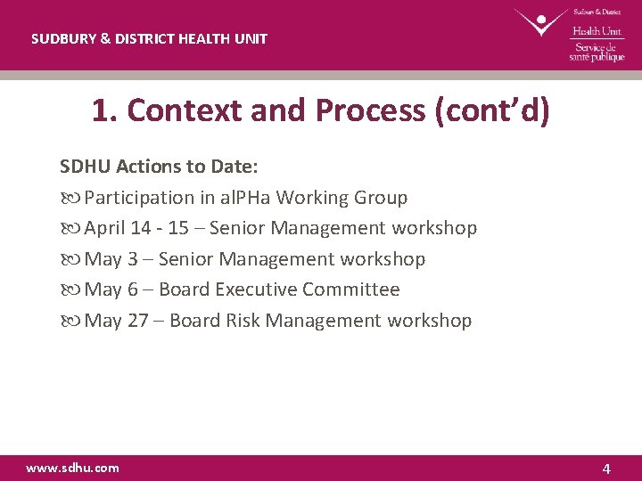 SUDBURY & DISTRICT HEALTH UNIT 1. Context and Process (cont’d) SDHU Actions to Date: