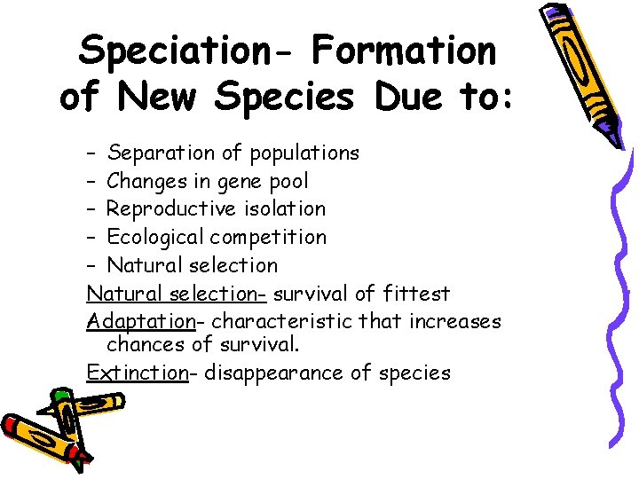 Speciation- Formation of New Species Due to: – Separation of populations – Changes in