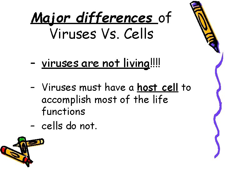 Major differences of Viruses Vs. Cells – viruses are not living!!!! – Viruses must