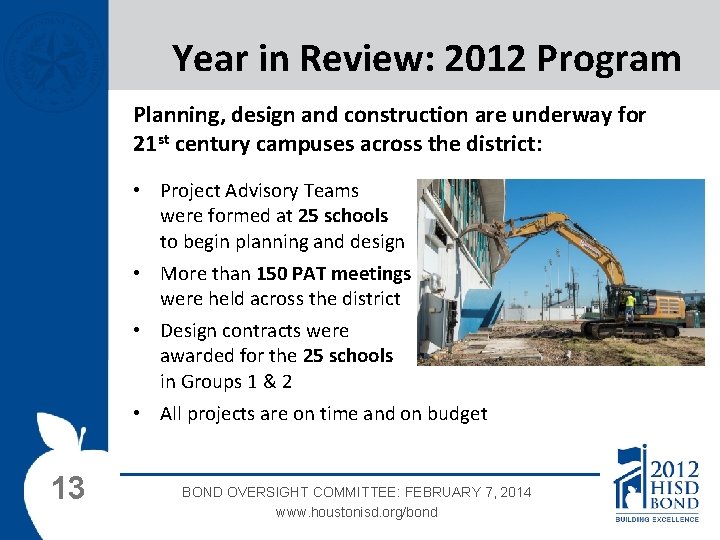 Year in Review: 2012 Program Planning, design and construction are underway for 21 st