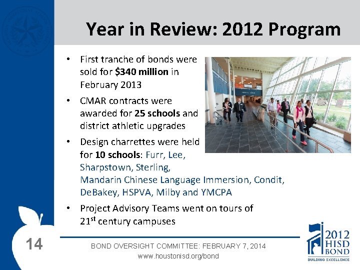 Year in Review: 2012 Program • First tranche of bonds were sold for $340