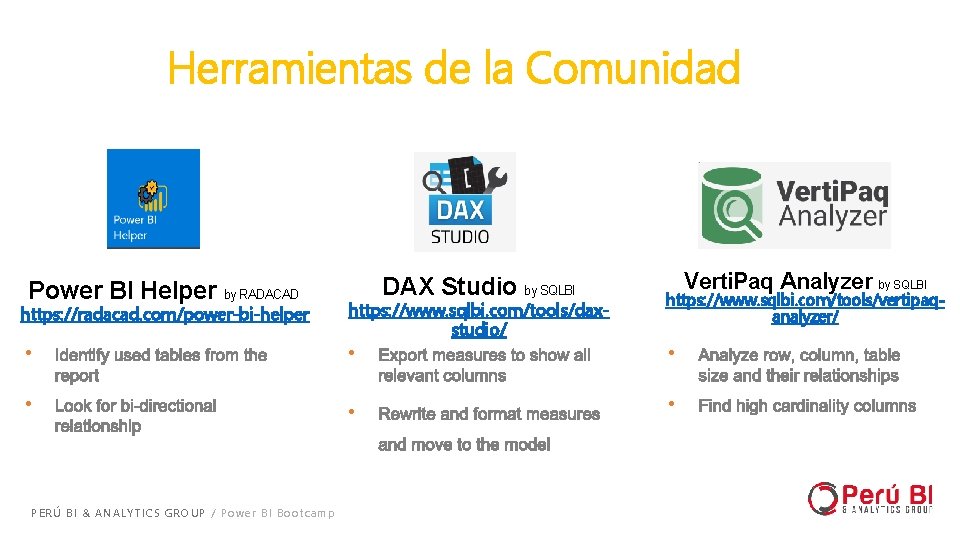Herramientas de la Comunidad Power BI Helper by RADACAD DAX Studio by SQLBI Verti. Herramientas de la Comunidad Power BI Helper by RADACAD DAX Studio by SQLBI Verti.