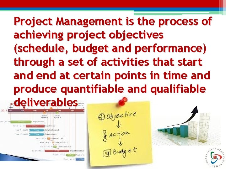 Project Management is the process of achieving project objectives (schedule, budget and performance) through Project Management is the process of achieving project objectives (schedule, budget and performance) through