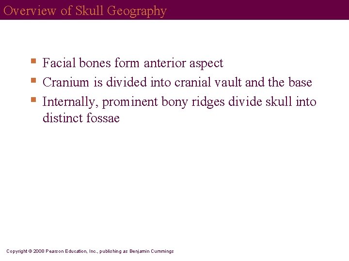 Overview of Skull Geography § § § Facial bones form anterior aspect Cranium is