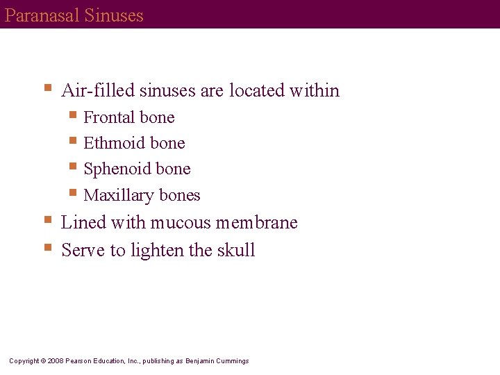 Paranasal Sinuses § Air-filled sinuses are located within § Frontal bone § Ethmoid bone
