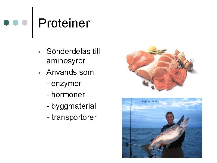 Proteiner • • Sönderdelas till aminosyror Används som - enzymer - hormoner - byggmaterial