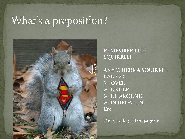 What’s a preposition? REMEMBER THE SQUIRREL! ANY WHERE A SQUIRELL CAN GO. Ø OVER