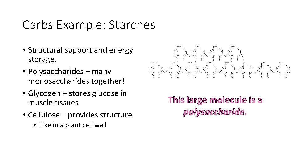 Carbs Example: Starches • Structural support and energy storage. • Polysaccharides – many monosaccharides