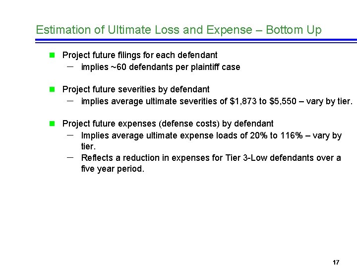 Estimation of Ultimate Loss and Expense – Bottom Up n Project future filings for