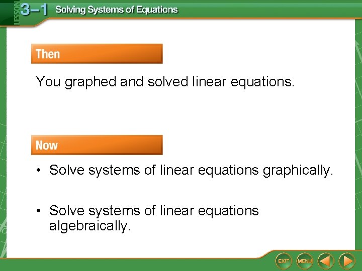 You graphed and solved linear equations. • Solve systems of linear equations graphically. •