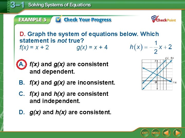 D. Graph the system of equations below. Which statement is not true? f(x) =