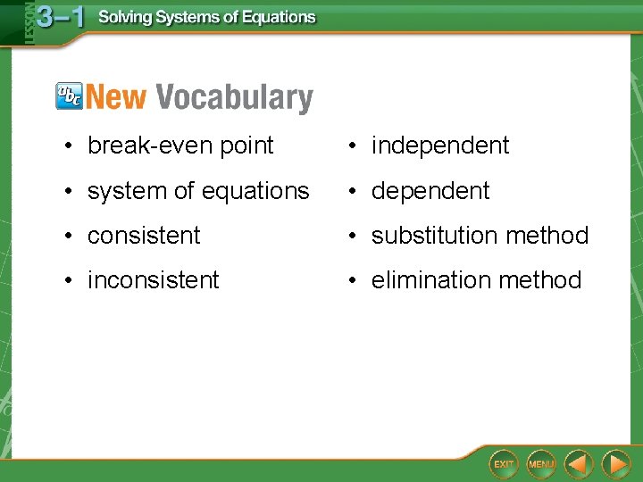  • break-even point • independent • system of equations • dependent • consistent