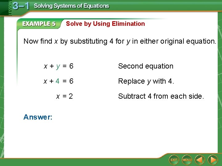 Solve by Using Elimination Now find x by substituting 4 for y in either