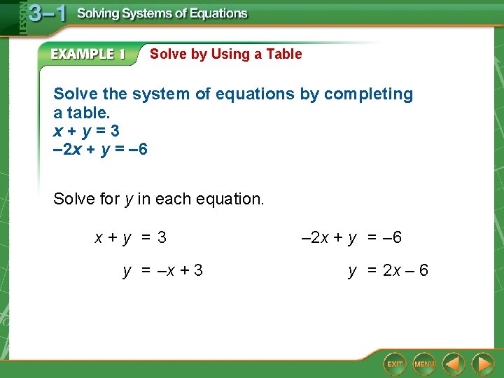 Solve by Using a Table Solve the system of equations by completing a table.