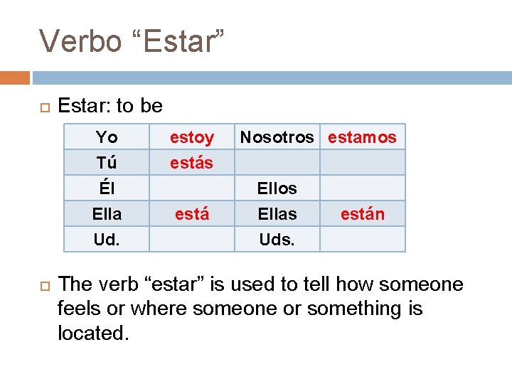 Verbo “Estar” Estar: to be Yo Tú Él Ella Ud. estoy estás está Nosotros Verbo “Estar” Estar: to be Yo Tú Él Ella Ud. estoy estás está Nosotros