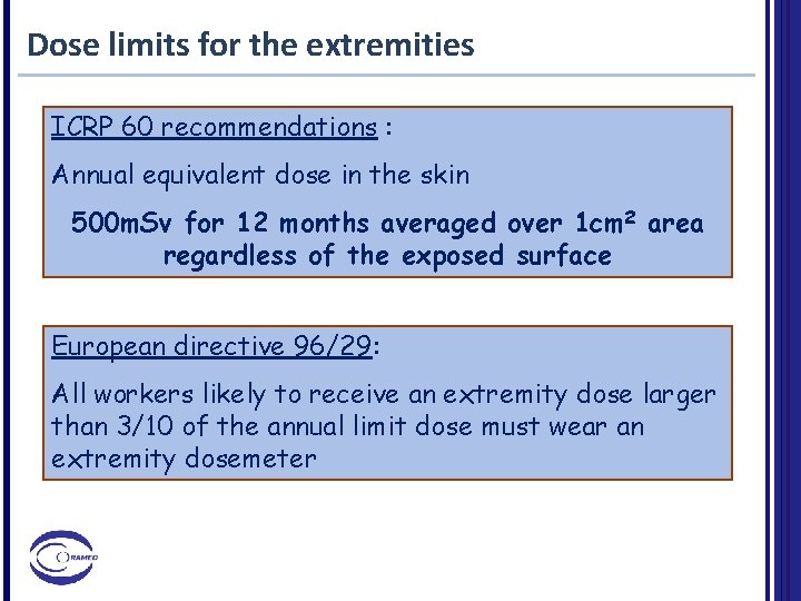 Dose limits for the extremities ICRP 60 recommendations : Annual equivalent dose in the