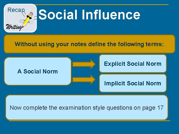 Recap Social Influence Without using your notes define the following terms: Explicit Social Norm