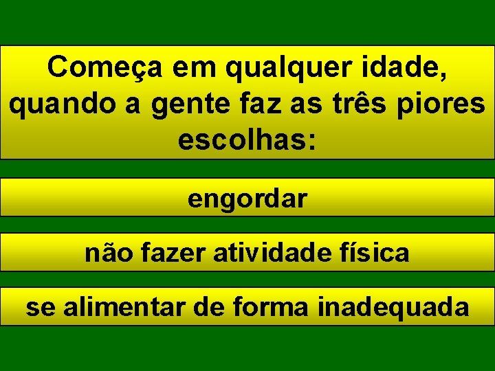 Começa em qualquer idade, quando a gente faz as três piores escolhas: engordar não