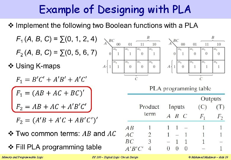 Example of Designing with PLA v Memory and Programmable Logic EE 200 – Digital