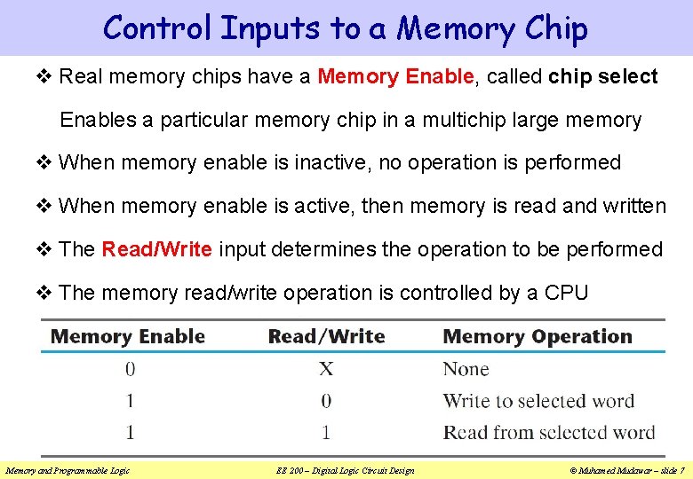 Control Inputs to a Memory Chip v Real memory chips have a Memory Enable,