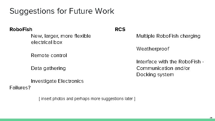 Suggestions for Future Work Robo. Fish New, larger, more flexible electrical box RCS Remote