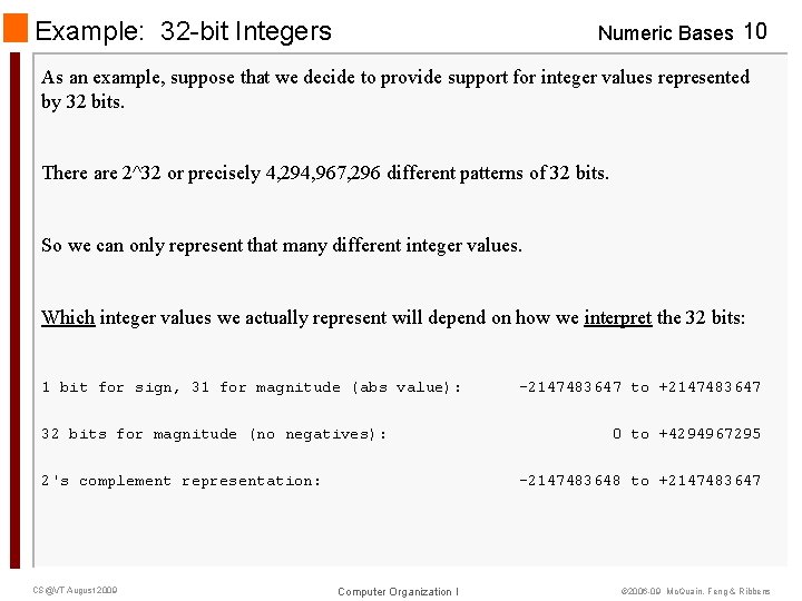Example: 32 -bit Integers Numeric Bases 10 As an example, suppose that we decide