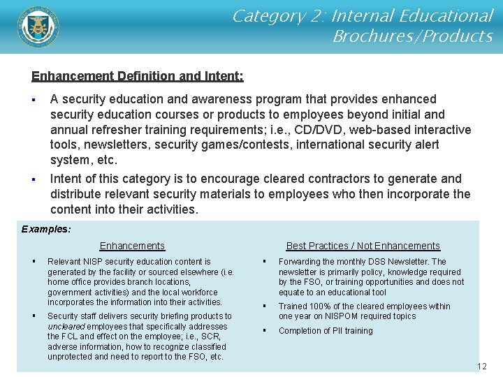 Category 2: Internal Educational Brochures/Products Enhancement Definition and Intent: § A security education and