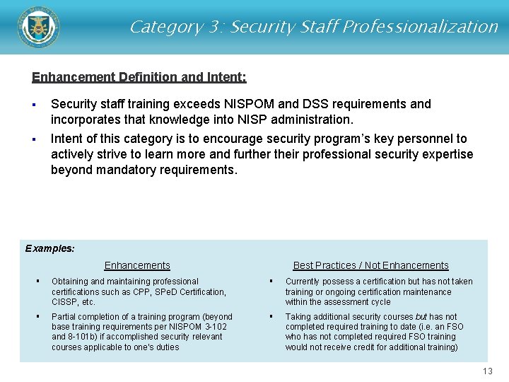 Category 3: Security Staff Professionalization Enhancement Definition and Intent: § Security staff training exceeds