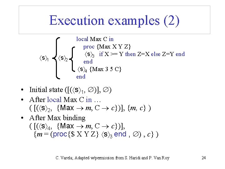 Execution examples (2) s 1 s 2 local Max C in proc {Max X